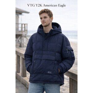 VTG Y2K American Eagle AE77 Navy Pullover Hooded Quilted Down-filled Puffer L